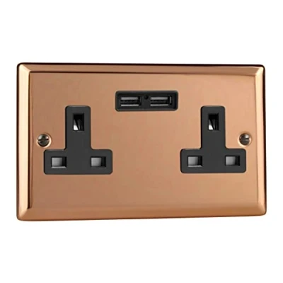 Image of Varilight 2 Gang 13A Unswitched Socket + 2x5V DC 2100mA USB Charging Ports Polished Copper