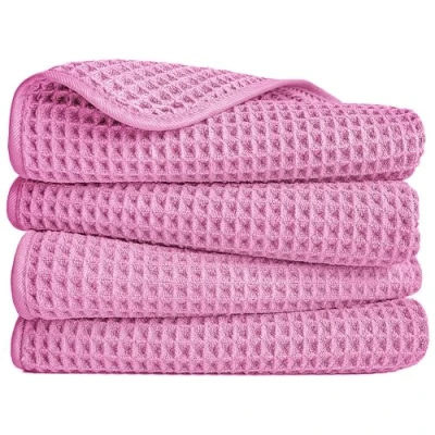 Image of POLYTE Microfibre Lint Free Hand Towel, 40 x 76 cm, 4 Pack (Pink, Waffle Weave)