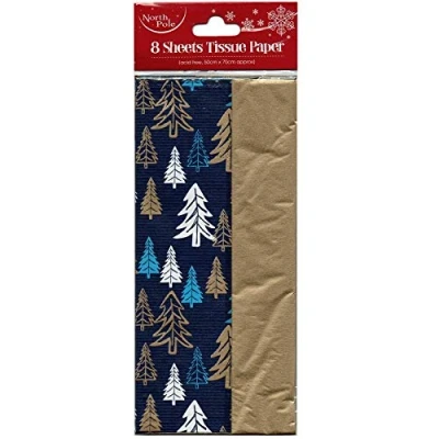 Image of North Pole 8 Sheets Gold Christmas Trees &amp; Plain Tissue Wrap Paper