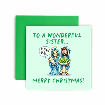 Image of Huxters Christmas Cards for Women Peas be with you Mary Jesus Sister Card Lovely Funny (Sister)