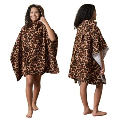 Image of Dreamscene Kids Swim Changing Robe, Soft Absorbent Beach Poncho Towel Leopard Print Hooded For Boys &amp; Girls Quick Dry Lightweight Swimming Towel, Natural