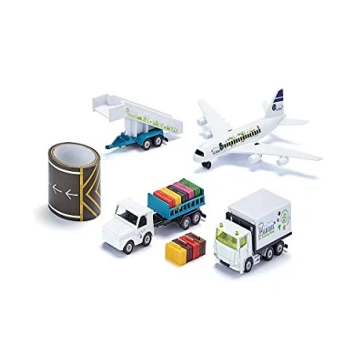 Image of siku 6312, airport Set, Metal/Plastic, White, Incl. commercial aircraft, catering vehicle, trailer with passenger stairs, tractor, luggage and 5m long tarmac tape
