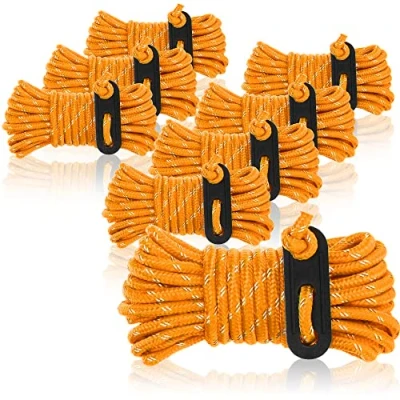 Image of com four® 8x guy ropes each 4m for camping reflective in orange tent cord with buckle tension rope tensioner storm strap