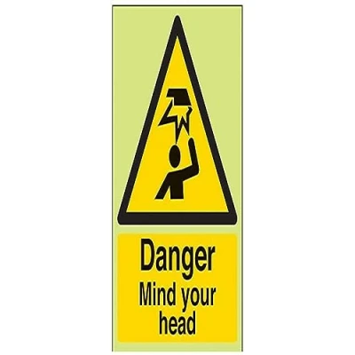 Image of V Safety Glow In The Dark Danger Mind Your Head Warning Sign 150mm x 200mm Rigid Plastic