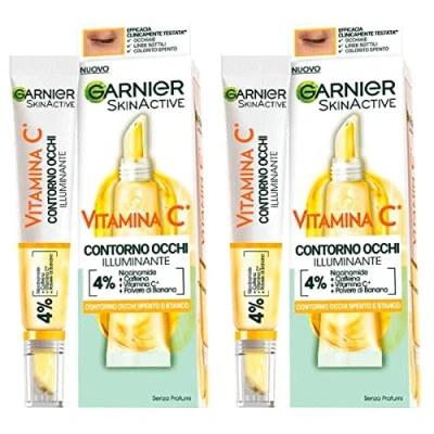 Image of Garnier SkinActive Vitamin C Eye Contour Brightening Cream for Dull and Tired Eyes Vegan Formula with Niacinamide Caffeine Banana Powder 2 Bottles of 15ml