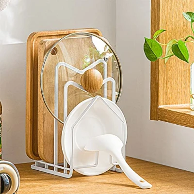 Image of LINFIDITE Chopping Board Holder Rack Cutting Organiser Pot Lid Stand Kitchen Countertop Cookware Storage Freestanding for Pans Lids,Chopping Boards,White
