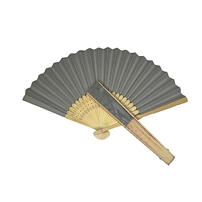 Image of Parev Grey Paper Foldable Hand Held Bamboo Wooden Fan