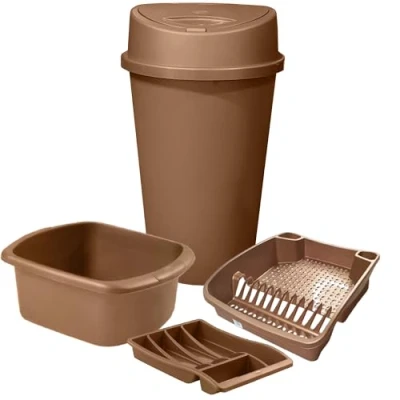 Image of KetoPlastics Rose Gold Kitchen Bin Set 4 Piece 45L 14L Rectangular Washing Up Bowl Dish Drainer and Cutlery Draw Tray