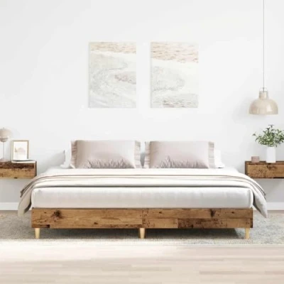 Image of vidaXL Double Bed Frame Old Wood 200x200 cm Modern Bedroom Style with Engineered and Eucalyptus Legs