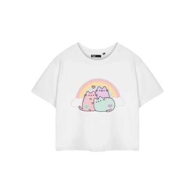 Image of Pusheen Womens White Cropped T Shirt Short Sleeve Graphic Tee Ladies Cat Top Stylish Rainbow Apparel for Women &amp; Teens