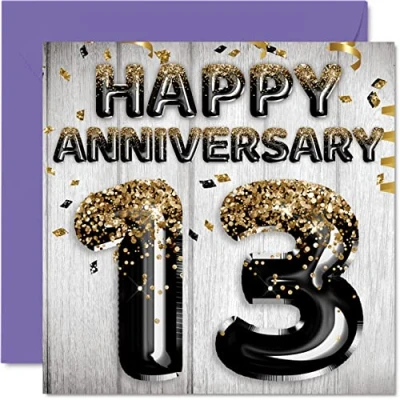 Image of Awesome Lace Anniversary Card for Husband Boyfriend Wife Girlfriend Black Gold Glitter Balloons Happy 13th Cards from Family, 145mm x Greeting Thirteenth Anniversaries