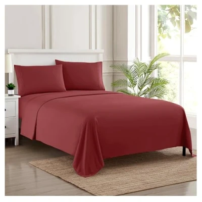 Image of Sweet Home Collection Luxury Bedding Set with Flat, Fitted Sheet, 2 Pillow Cases, Microfiber, Burgundy, King