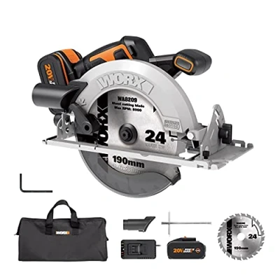 Image of WORX 18V(20V MAX) Cordless 190mm Circular Saw WX520 Brushless Saw, External Rotor Motor, Easy Blade Change, w/TCT Blade+Vacuum Adaptor+Parallel Guide, PowerShare, 1 * 4.0Ah Battery, 2A Charger
