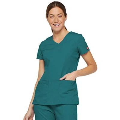 Image of Dickies womensMultiple Patch PocketsEds Signature V Neck Top with Multiple Pockets Short Sleeves Medical Scrubs Shirt Blue Small
