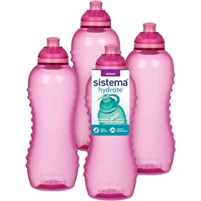 Image of Sistema Squeeze Twist &#039;n&#039; Sip Sports Water Bottles 460 ml Leakproof Kids BPA Free Pink 4 Count