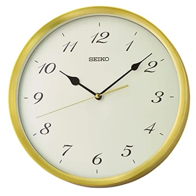 Image of Seiko QXA784G Gold Tone Quartz Battery Round Wall Clock with Clear Face and Silent Sweep Seconds 30cm Diameter