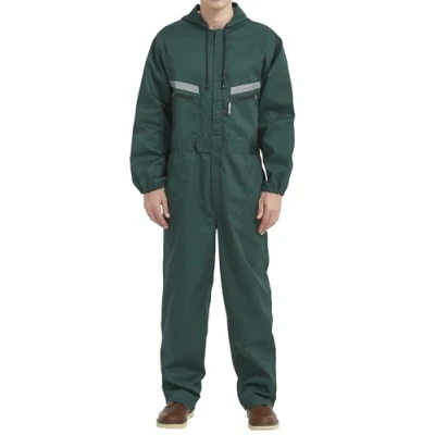 Image of Yukirtiq Men&#039;s Workwear Hooded Boilersuit Coverall with Multi Pockets, Heavy Duty Polycotton Overall Trousers Mechanics Boiler Suit Reflective Tape, Green, S
