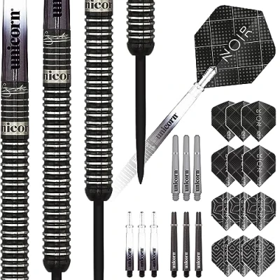 Image of Unicorn Steel Tip Darts Set Gary &#039;The Flying Scotsman&#039; Anderson Noir 90% Tungsten Barrels with Black Titanium Coating 23 g
