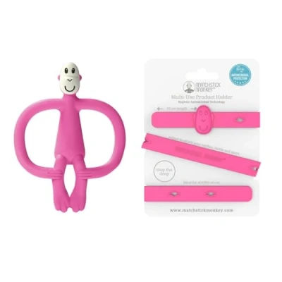 Image of Matchstick Monkey Antimicrobial Silicone Teether &amp; Gel Applicator, Easy Grip, BPA Free + Multi Use Holder Strap for Stroller, Car, Highchair, 3M+, Pink