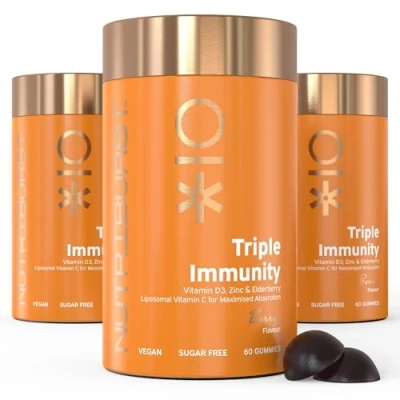 Image of Nutriburst Triple Immunity Multipack Liposomal Vitamin C (100mg), D3 (20µg), Zinc (7.5mg) + Elderberry Extract Immune &amp; Wellbeing Support Vegan Sugar Free 180 Berry Gummies 3 Mon Supply