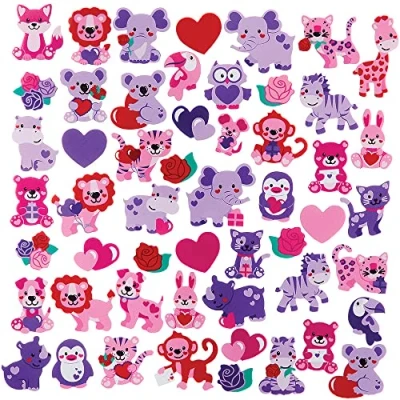 Image of Baker Ross FX109 Love Heart Jungle Animal Foam Stickers Pack of 200, for Kids Arts and Crafts