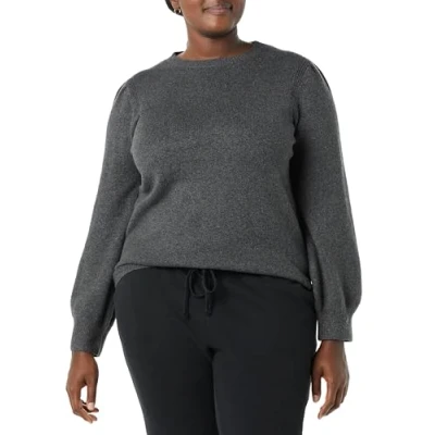 Image of Amazon Essentials Women&#039;s Soft Touch Pleated Shoulder Crewneck Jumper, Charcoal Heather, S