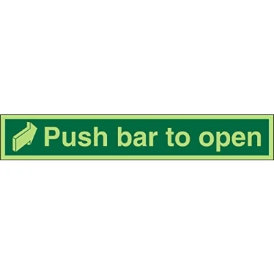 Image of Seco Push Bar to Open Arrow Pointing Right Sign, 300mm x 50mm Photoluminescent Self Adhesive Vinyl