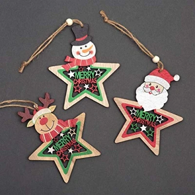 Image of SHATCHI Christmas Tree Ornaments Wooden Aesthetic Hanging Decorations set of 3 pcs Xmas DIY Holiday Home Décor Santa, Reindeer, Snowman Shape pieces(9cm)