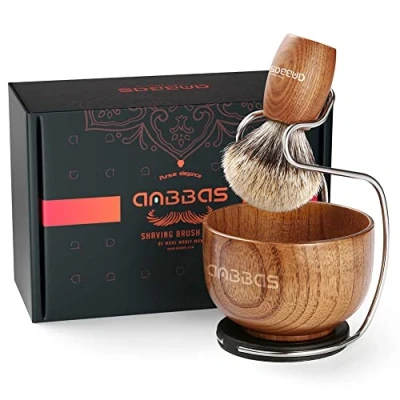 Image of Anbbas Pure Badger Hair Shaving Brush Wood Handle and Large Soap Bowl with Stainless Steel Stand 3IN1 Kit for Men