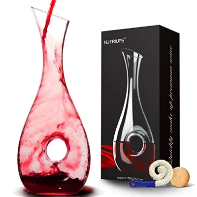 Image of Wine Decanter, 1.5L Red Crystal Decanter for Wine, Hand Blown Lead Free Decanters, arafe, Hollow Circle Shape Enthusiast