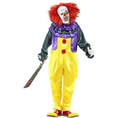 Image of Smiffys Classic Horror Clown Costume, Multi Coloured with Jumpsuit &amp; Mask, Halloween Cirque Sinister Fancy Dress, Dress Up Costumes