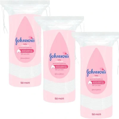 Image of 3 Pack Bundle Johnsons Baby Cotton Pads (3X 50 Pads). A Hadco with Our Gold Collagen Face Mask Included.