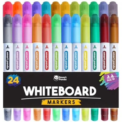 Image of Smart Panda 24 Whiteboard Pens Dual Tip, Thin Erasable Markers, Medium and Fine Dry Erase Colour Markers for Kids Set