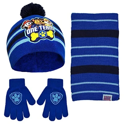 Image of Nickelodeon Boys&#039; Paw Patrol Scarf, Hat and Gloves or Mitten Set for Toddler Little Age 2 7 Cold Weather, Blue/Black, 4