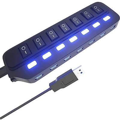 Image of ONFINIO USB Hub 3.0, 7 Port Splitter with Individual On/Off LED Switches, 5Gbps HighSpeed Data Extension for Laptop, iMac, Flash Drives, Mobile HDD, Printer, Camera and More