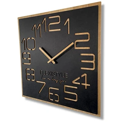 Image of FLEXISTYLE ECO DIGITS large wall clock 60cm wooden oak black square unusual minimalistic design for living room bedroom office sient non ticking