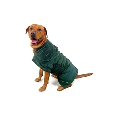 Image of Mountain Paws Dog Drying Robe Microfibre Towel Super Absorbent or Puppy Bathrobe with Adjustable Collar/Hood &amp; Belly Strap Soft Fast Drying, Green