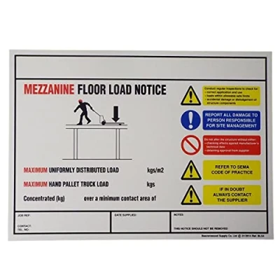 Image of Mezzanine Floor Weight Load Notice Sign White Rigid Styrene PVC Racking &amp; Shelving Procedures 210mm High X 297mm Wide Supplied Blank (Horizontal)