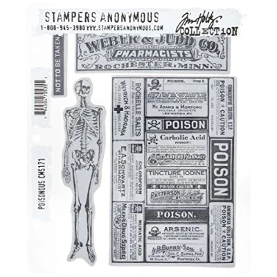 Image of Stampers Anonymous Tim Holtz Cling Rubber Stamp Set 7 x 8.5 inch, Poisonous, Multi Colour