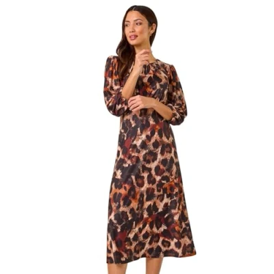 Image of Roman Originals Women Gathered Chest Dress Ladies Stretchy Fit &amp; Flare Swing Tea A Line Skater Knee Length Midi Smart Casual Work Round Neck Going Out Cocktail Party Tan Size 20