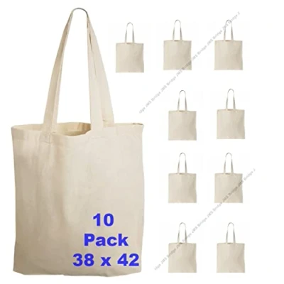 Image of JMS Bridge Natural Cotton 10 Pack 38cm x 42cm Reusable Grocery Bags, 5 oz Canvas Tote, eco Friendly Super Strong Washable Great Choice for Promotion Branding and Gift