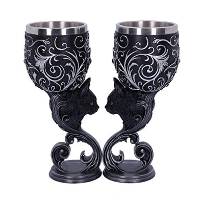 Image of Nemesis Now Hex Twin Cat Heart Set of Two Goblets, Resin w/Stainless Steel Insert, Black and Silver, 2 Count (Pack 1)