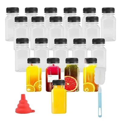Image of Kikuo 20 Pack 120ml Plastic Juice Bottles, 4 Ounce Reusable Drink Beverage Containers with Label, Pouring Funnel and Brush, Smoothie Bottles for Juice, Milk, Homemade Beverages (Black Lids)