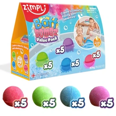 Image of 20 x Bath Bombs from Zimpli Kids, Creates a Fizzing, Time Adventure, Bubble Bomb Gift Box, Party Bag Favours, Goody Fillers for Children, Organic &amp; Moisturising, Birthday Gifts Kids