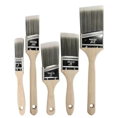 Image of Paint Brush Set 5 Piece Angle Brushes in Assorted Sizes, Treated Wood Handle, for Walls, Stain Brush, Wall Brushes, Furniture Painting
