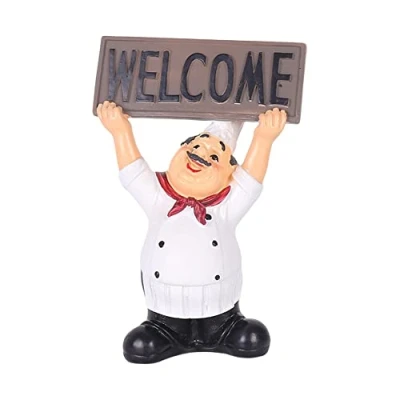 Image of Chef Figurine with Welcome Sign Board/Chalkboard,URMAGIC Decor Statue,Resin French Cook Figurine,Kitchen Decor,Cook Statue,Kitchen Restaurant Ornaments