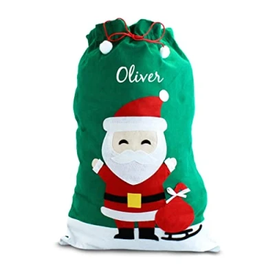 Image of eBuyGB Personalised Large Santa Sack, Felt Drawstring Christmas Stocking, Xmas Toy Gift Bag with Custom Name, 59 x 89 cm (Father Christmas)