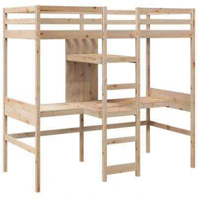 Image of vidaXL Loft Bed Frame with Desk and Shelves Solid Pine Wood, Brown 90x200cm Dormitory/Bedroom Furniture