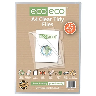 Image of eco A4 50% Recycled Bag 25 Tidy Report Files, 200 Micron Open Top &amp; Side Covers File Wallets Clear Cut Flush, eco097