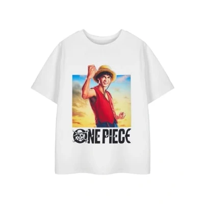 Image of One Piece Luffy Boys Graphic Tee in White Short Sleeved T Shirt for Kids Anime Manga Character Monkey D. Pirate Apparel Top Him Japanese Cartoon Merchandise Gift